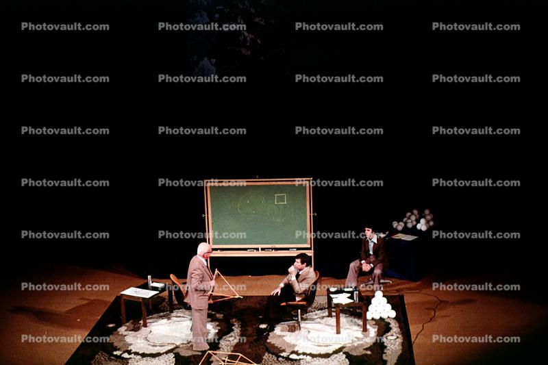 Chalkboard, stage, polyhedra, "Conversations with Buckminster Fuller" event, New York City