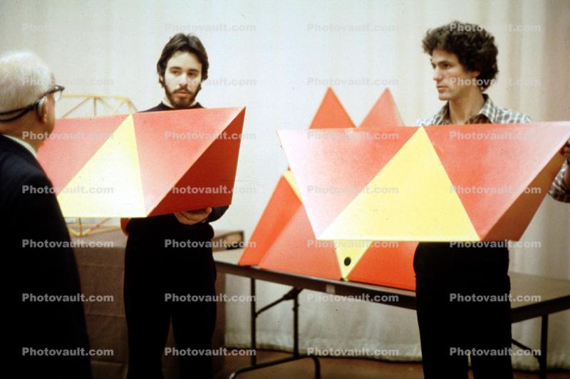 Tetrahedron, Bucky preparing polyhedra models, "Conversations with Buckminster Fuller" event, Oakland, Polyhedra