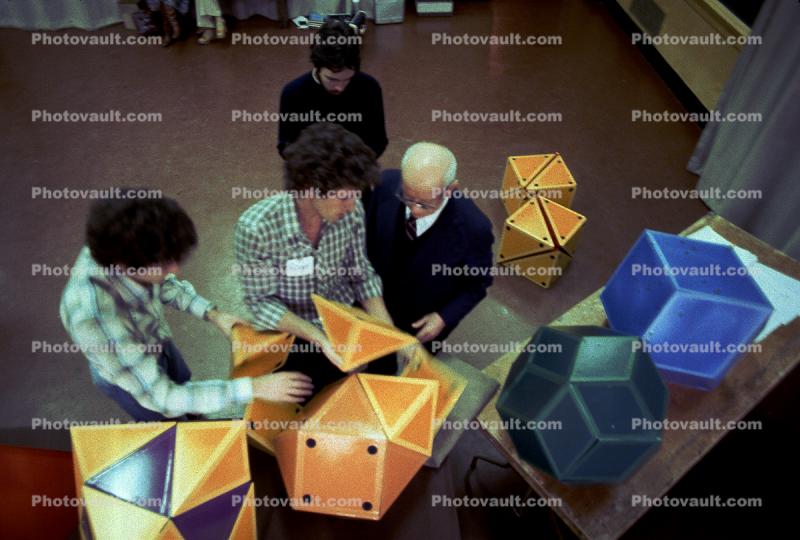 Bucky preparing polyhedra models, "Conversations with Buckminster Fuller" event, Oakland