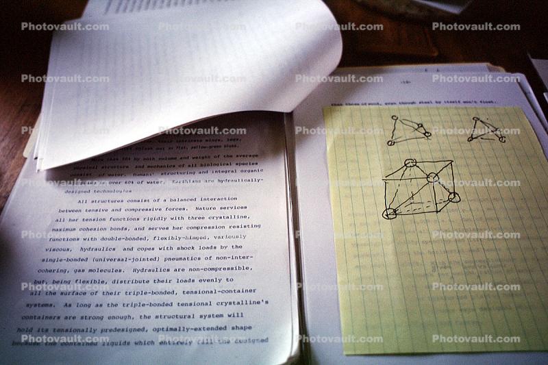 Working on Book Synergetics, drawings, polyhedra, table, tea, sketches, diagram, at Buckys home in Sunset Deer Isle, Maine