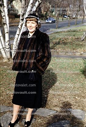 Woman, Hat, Fur Coat, Female, Formal, 1950s