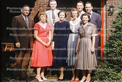 Group Portrait, Men, Women, dress, suit, tie, 1950s