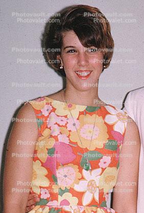 Flowery Dress, smiles, formal, prom night, 1960s