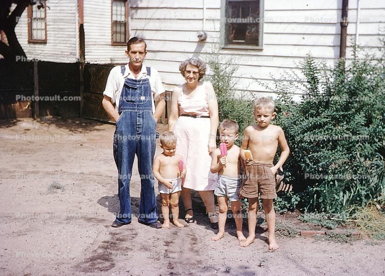 Man, Woman, Father, Mother, Boys, Son, Overalls, Dress, Jeans, 1950s