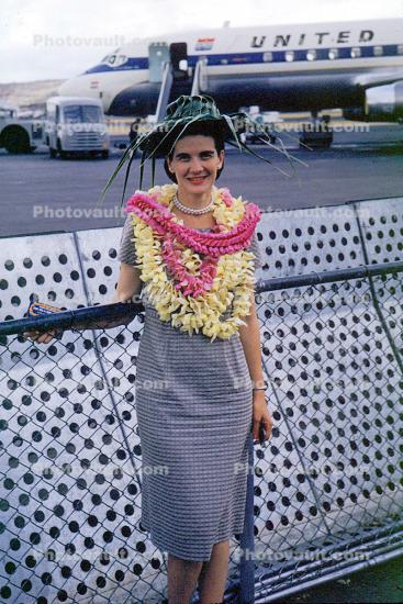 Woman, Lei, Flowers, Hat, Dress, 1950s