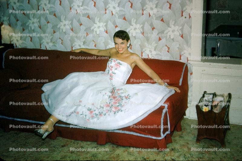 Woman on a Sofa, Flowery Dress, Wallpaper