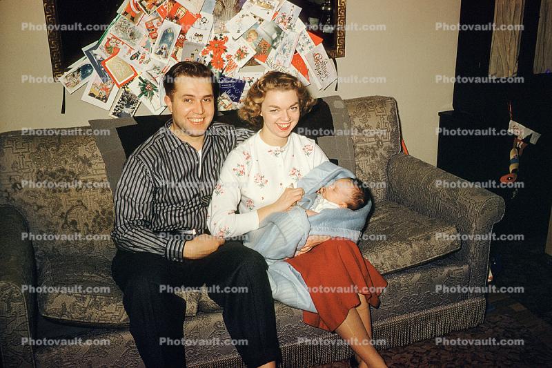 Husband, Wife, Child, Newborn, Sofa, Couch, Smiles, Baby, 1950s