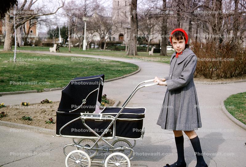 Girl, Bonnet, Coat, Socks, Baby Carriage, Winter, Park, 1960s