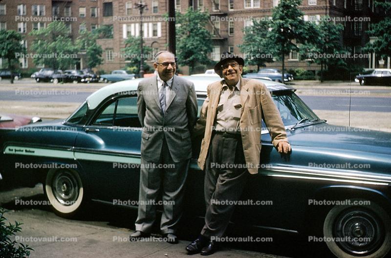 Man, Men, Friends, Suit, Whitewall Tires, car, automobile, 1950s