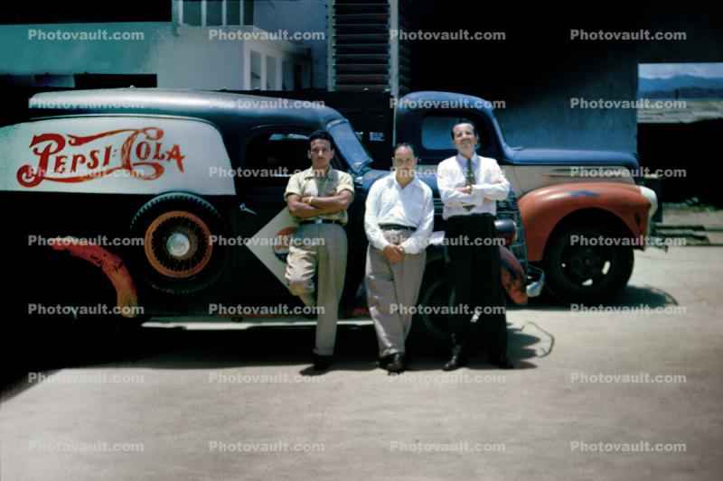 Pepsi-Cola panel truck, Men Standing, delivery van, 1950s