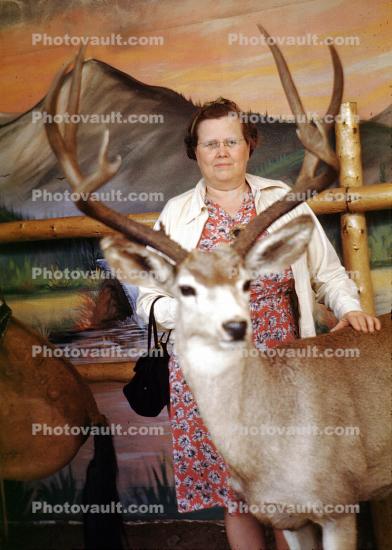 Woman, buck, antlers, 1940s
