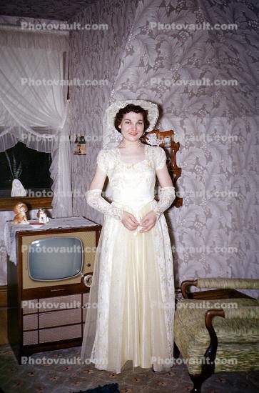 Television, hat, formal dress, woman, 1950s