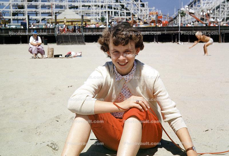 Girl, teen, beach, smiles, 1950s