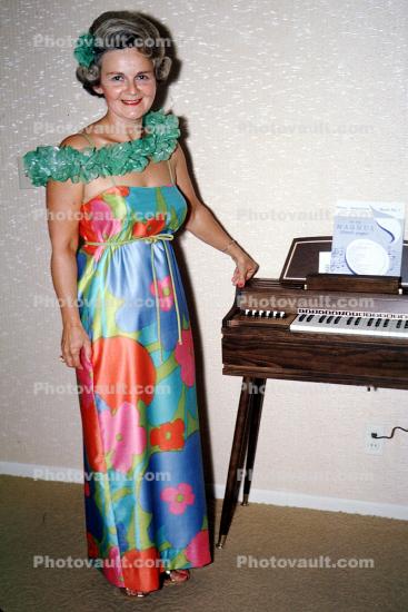 Flowery Mod Dress, Lei, smiles, August 1964, 1960s