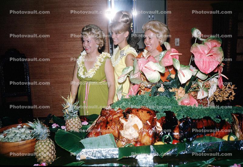 Flowery Dress, Lei, smiles, food table, beehive hairdo, blondes, October 1964, 1960s