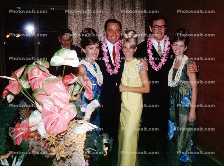 Flowery Dress, Lei, smiles, Women, Men, beehive hairdo, blondes, October 1964, 1960s