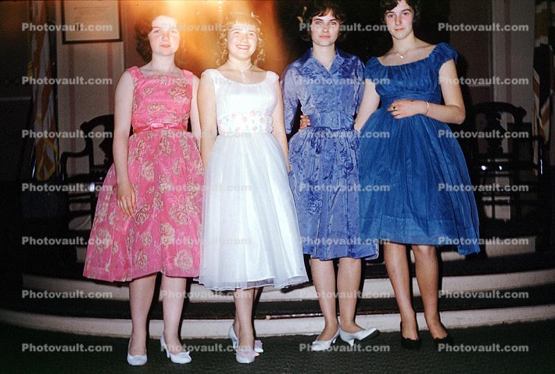 flowery dress, girls, teens, teenager, June 1961, 1960s
