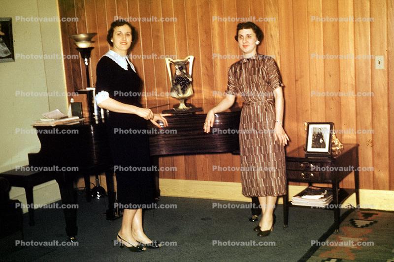Grand Piano, women, formal dress, smiles, 1950s