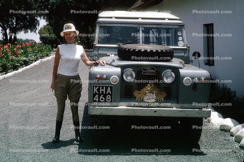 Land Rover, woman, boots, hat, 1950s