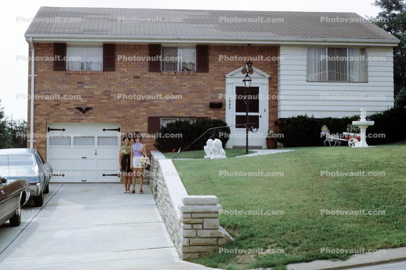 Home, house, garage, front yard, lawn, July 1973, 1970s