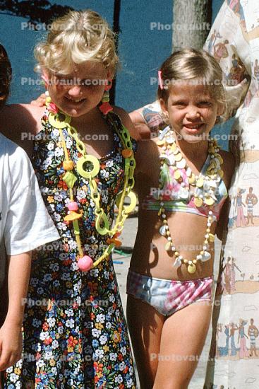 Girls, Costume, Necklace, swimsuit, smiles, August 1976, 1970s
