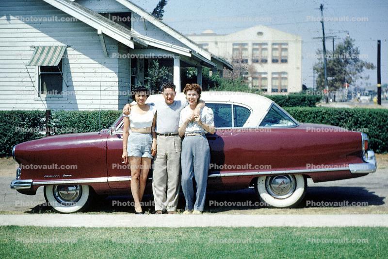 Car, Driveway, whitewall tires, man, women, Cars, vehicles, 1950s