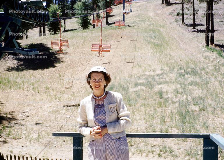 Ski Lift in the Summer, Woman, Hat, necklace, dress, jacket, smiles, summer