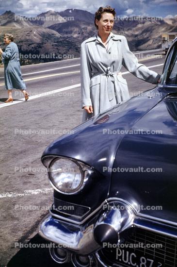 Woman, Coat, cars, automobiles, vehicles, August 1958, 1950s