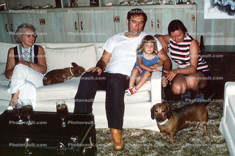 Family, Mother, Father, Dad, Mom, daughter, child, grandma, grandmother, Dachshund, small dog breed, September 1976, 1970s