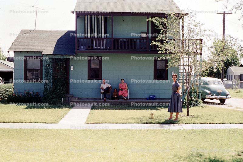 Porch, Front Lawn, home, house, Female, Feminine, woman, lady, building, car, automobiles, vehicles, 1950s
