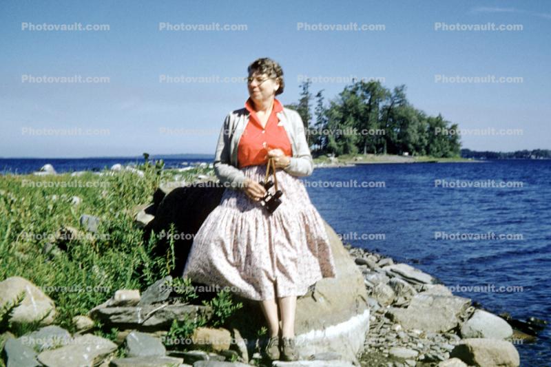 Girl, Female, Feminine, woman, lady, windy, wind, water, skirt, dress, purse, Lake Champlain, 1950s