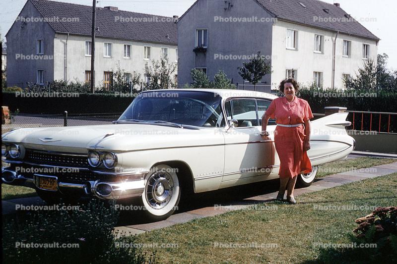 1959 Cadillac, Windy, Windblown, car, whitewall tires, building, Moers Germany, August 1959, 1950s