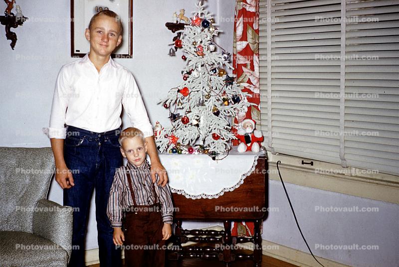 Boys, Brothers, Siblings, Christmas Tree, 1950s