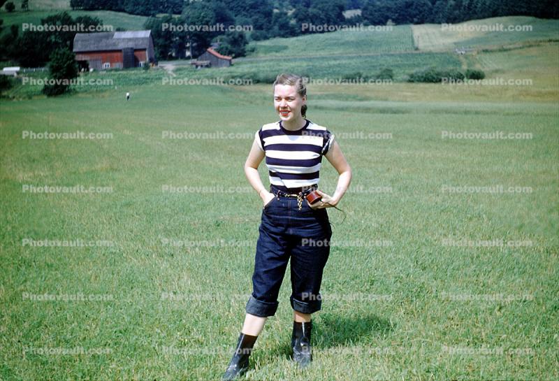 Riding Crop, jeans, pants, stripped shirt, boots, Woman, barn, 1950s