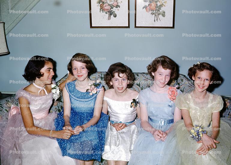 Girls, party dress, corsage, sofa, smiles, tween, cute, funny, 1940s