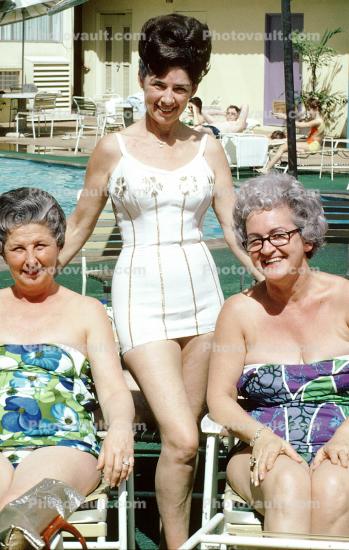 Beehive Hairdo, Women, Poolside, Flowery Swimsuit, Smiles, Phyllis, February 1973, 1970s