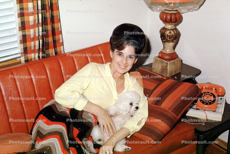 Poodle, woman, sofa, bouffant hairdo, cute, telephone, Phyllis, February 1973, 1970s