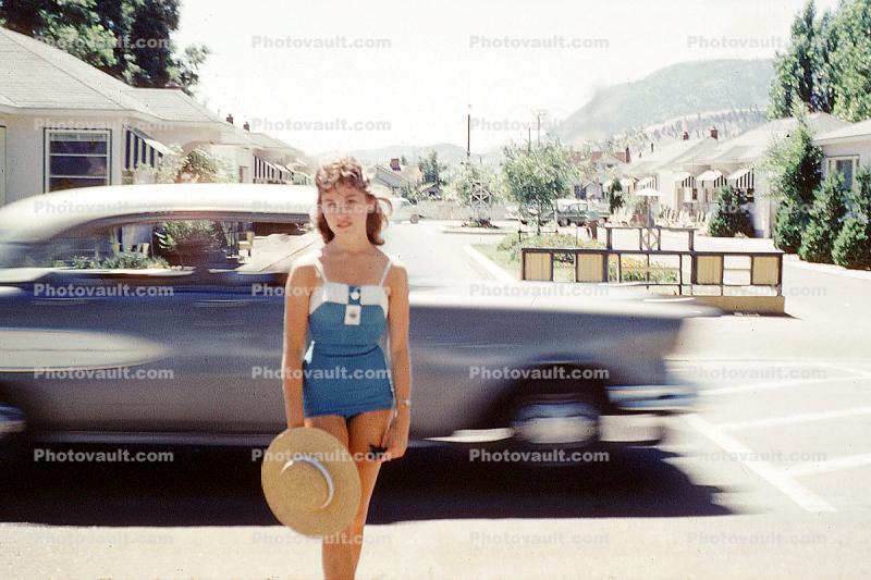Chevy speeds by, Teen woman, all in one bathing suit, aio, hat, Chevrolet, Pat, Cars, vehicles, August 1960