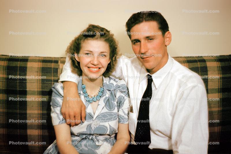 Wife, Husband, smiles, tie, necklace, 1940s