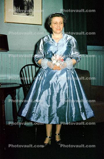 Female, Lorraine, woman, lady, shiney dress, flower bouquet, February 2 1955, 1950s