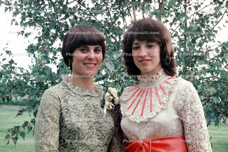 Women, female, formal dress, backyard, 1975