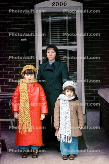 Woman, female, coats, scarf, hats, cold, mother, daughters, 1970