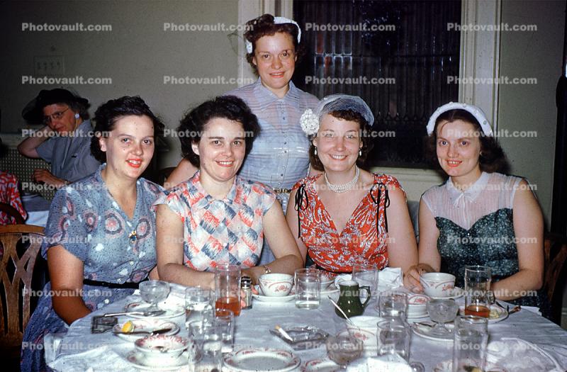 Women at a Luncheon, table setting, formal, hats, dresses, 1952, 1950s