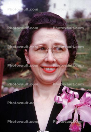 Women, female, formal dress, Corsage, orchid, flower, ribbon, smiles, glasses, 1950s