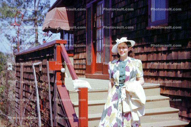 Pretty Lady, formal dress, hat, coat, stairs, backyard, home, house, 1950s