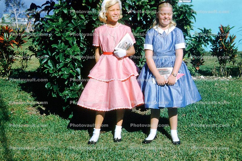 Sisters, girls, formal dress, purse, gloves, smiles, cute, 1960s