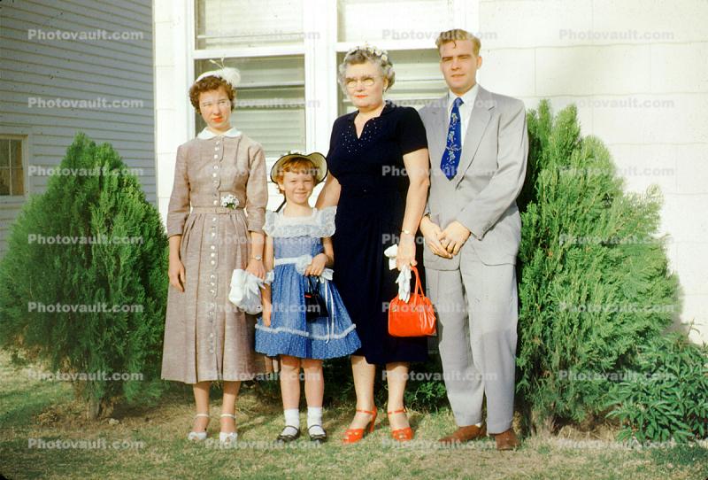 Group, formal dress, purse, hats, man, suit, tie, 1950s