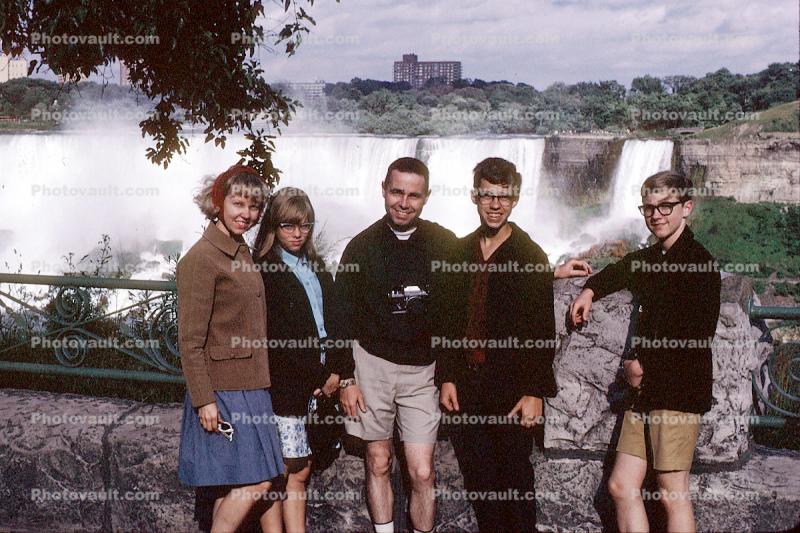 Niagara Falls, Waterfall, group, girls, boys, camera, shorts, dress, smiles, smiling, 1950s