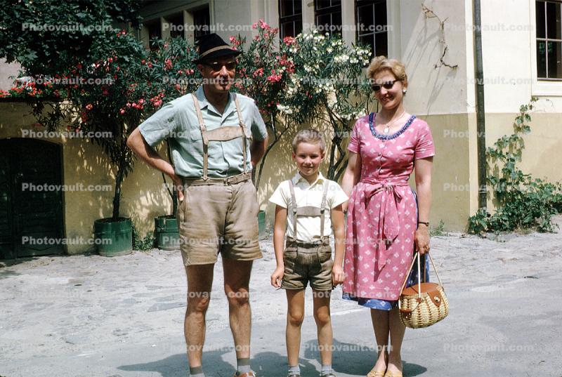 Parents, Mother, Dad, Son, Lederhosen, German Costume, attire, garb, man, woman, purse, dress, shorts, 1950s