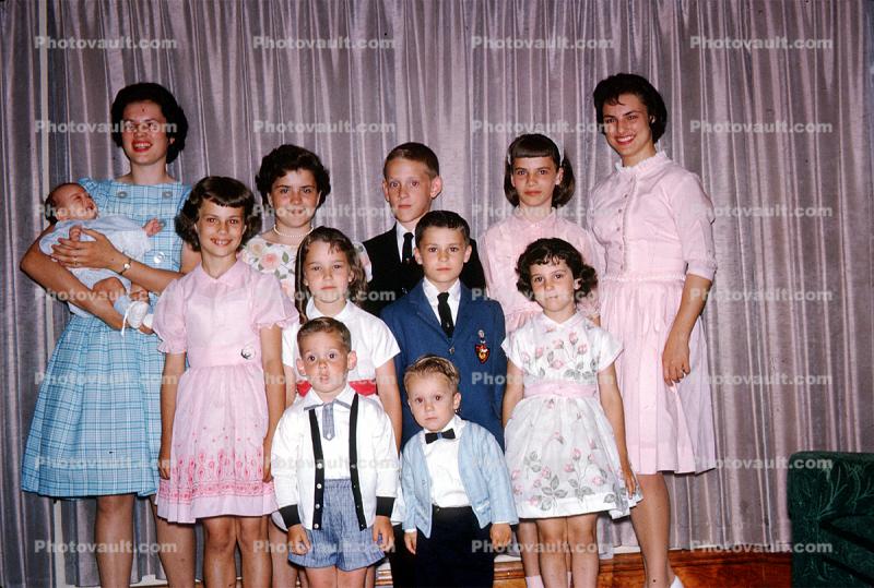 Group Portrait, formal dress, smiles, baby, girls, boys, 1950s